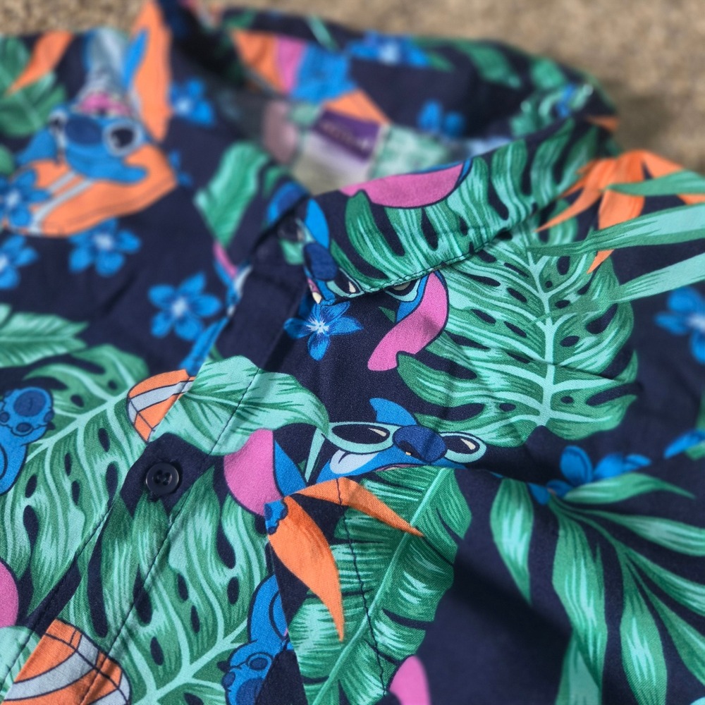 Disney Men's Navy Tropical Button-Down Shirt with Green, Orange & Pink Accents